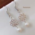 【送料無料】透かし花×コットンパール風 シルバーピアス