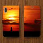 夕日に黄昏れネコ🐈 帯あり手帳型スマホケース 全機種対応 iPhoneXR XSMax も対応！