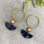 フープ×パール×べっ甲風のアンティーク調大ぶりピアス/イヤリング(ビンテージ、レトロ、揺れる、リング、ゴールド、ブルー、お正月、クリスマス