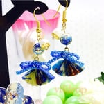【青】唐草玉と友禅千代紙【青水色 花柄】扇子の和ピアス イヤリング