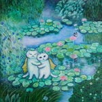 原画 「天使猫の恋人たち」 F10号  ＃絵画 ＃ねこ ＃猫の絵 ＃天使猫の絵 ＃霧の睡蓮の池 ＃蝶の絵
