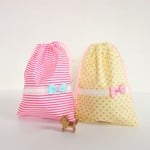 ストライプ＆ドット２枚セット☆リボンが可愛い巾着（給食袋やコップ袋に♪）