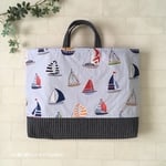 【大】丈夫な縫製のヨット柄レッスンバッグ・縦35cm×横45cmまちあり・ストライプデニム/絵本袋/男の子向け