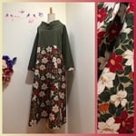 衿付き＊切り替えフレアーワンピース＊カーキー×和柄(クチナシ柄)赤系