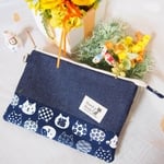 【送料無料】ダブルファスナー！福ねこお顔(紺)のマルチポーチ