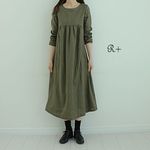 再販！大人の日常着１００％リネンオリーブ色のワンピース