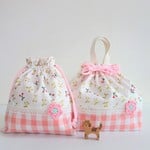 キラキラさくらんぼ♪持ち手付きお弁当袋とミニ巾着セット/オフホワイト