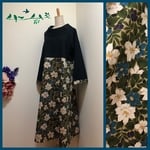 衿付き＊フレアーワンピース＊ブラック×和柄(クチナシ柄)＊青緑系