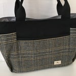 【送料無料】脇ポケット付トートバッグ☆特大☆前ポケット付き(チェック&黒帆布)