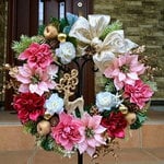 No.xmas-14300/★大型クリスマスリース40cm・アートフラワー造花リース★/ピンク＆ゴールド