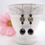 送料無料♯ 117☆64面カットオニキス×64面カットスモーキークォーツ×チェコガラス☆天然石ピアス （金属ピアス） ハンドメイド