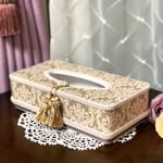 ベージュダマスク柄のティッシュケース ダブルタッセル　ラベルピエス  ベージュダマスクシリーズ