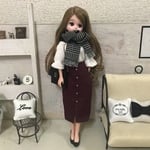 リカちゃん服♡袖ギャザー白リブトップス＆フロントボタンボルドースカート＆マフラーset