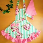 100-120   姫エプロン　エメラルドグリーン薔薇　3点セット