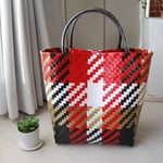  【m様ご予約品】チェック風・縦長トート（赤色系）