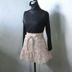 テイアードカフェエプロン　サーモンピンク　ペイズリー×フラワー