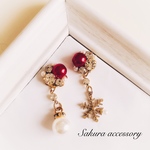 雪の結晶×レッドパール クリスマス ピアス イヤリング