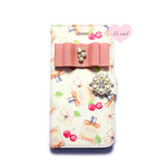 iPhoneXR/iPhone XS/iPhone X/iPhone8/iPhone8Plus/iPhone7/iPhoneSE 手帳型ケース フレグランスチェリー×リボン×パール