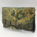 【SALE】深緑 花唐草紋様のクラッチバッグ　着物（帯）リメイク