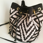 特大 コットンニットバケツ巾着ショルダー 幾何学モノトーン