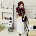リカちゃん服♡ベージュトップス＆コーデュロイ白ワイドパンツ＆チェック柄マフラーset