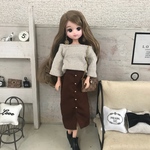 リカちゃん服♡ベージュリブ袖フレアトップス＆フロントボタンブラウンスカート♡リアルクローズ