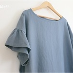 スモーキーブルー＊リネンのラッフルスリーブワンピ