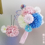 着物 髪飾り 成人式 青ピンク系 和 振袖 ヘアコーム ちりめん花