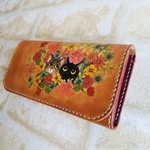 手描き手染めの長財布　花とねこ