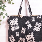 巾着付きトートバッグ　招き猫　黒