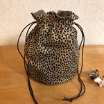 [再販] "リバーシブル" グレージュコーデュロイ× レオパード 丸底 大人 巾着バッグ