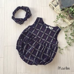 チェックコーデュロイのロンパース&ヘアバンドセット◆size70,80