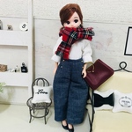 リカちゃん服♡白リブトップス＆デニムワイドパンツ＆チェック柄マフラーset