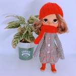 真っ赤なステッチのヒッコリーつなぎ（サルエルパンツ）とニット帽のセット