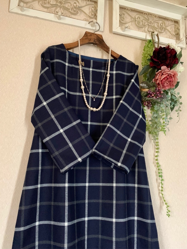再 販 大人可愛いチェック チュニックワンピース ネイビー ハンドメイドマーケット Minne