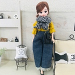 リカちゃん服♡マスタード袖ギャザートップス＆チェック柄マフラー＆デニムワイドパンツ♡リアルクローズ  