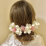 ホワイト紫陽花とピンクかすみ草のヘッドパーツ 髪飾り