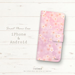 iPhone/Android対応 手帳型スマホケース 名入れ可能 桜舞う 桜色