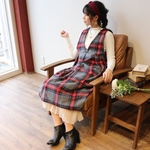 【心地よい服】立体裁断で魅せる、2wayノースリーブタックワンピース(起毛コットンタータンチェックグレーレッド)
