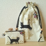 御朱印帳入れ巾着&小銭入れ＊モダン黒猫