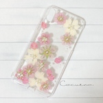 【送料無料・ネーム無料】イチゴの花と千鳥草のiPhone・Android押し花ケース