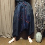 着物リメイク 一点物のサルエルパンツ 紺×黒ドット