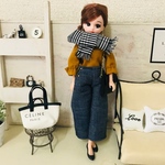 リカちゃん服❤︎キャメル袖ギャザートップス＆デニムワイドパンツ＆チェック柄マフラーset