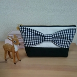 ギンガムリボンのポーチ【ブラック×ホワイト】
