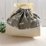 リボン柄のお弁当袋（裏地なし）グレー×レモンイエロー