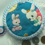 昭和レトロ柄　うさぎ　くまちゃん　コインケース　小物入れ　ブルー