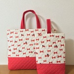 リボン&猫ちゃん柄☆レッスンバック&上靴入れセット
