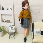リカちゃん服❤︎袖ギャザーキャメルトップス＆グレンチェック柄ミニスカート❤︎リアルクローズ  