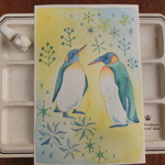 手描きポストカード　氷とペンギン