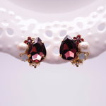 コットンパールとビジューの花　イヤリング/ピアス　赤茶